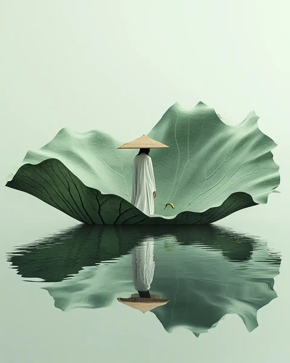Surrealist Figure on Lotus Midjourney提示词