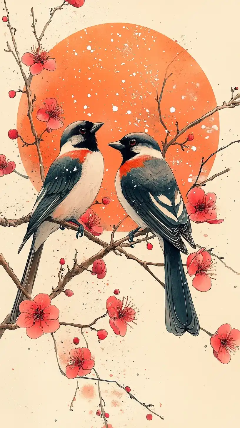 Magpies Among Blossoms Arches Midjourney提示词