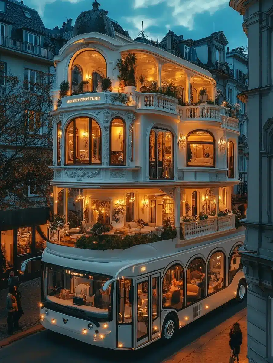 Mansion Bus in Cityscape Midjourney提示词