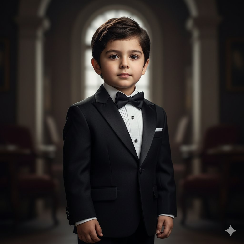 Young Boy in Tuxedo Portrait | Elegant Child Formal Wear Nano Banana提示词