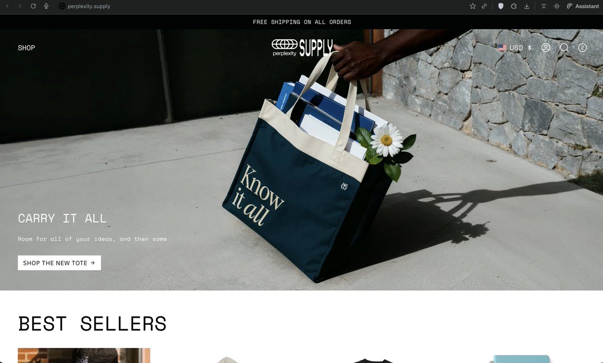 Perplexity Supply 'Know It All' Tote Bag E-commerce Website Nano Banana提示词