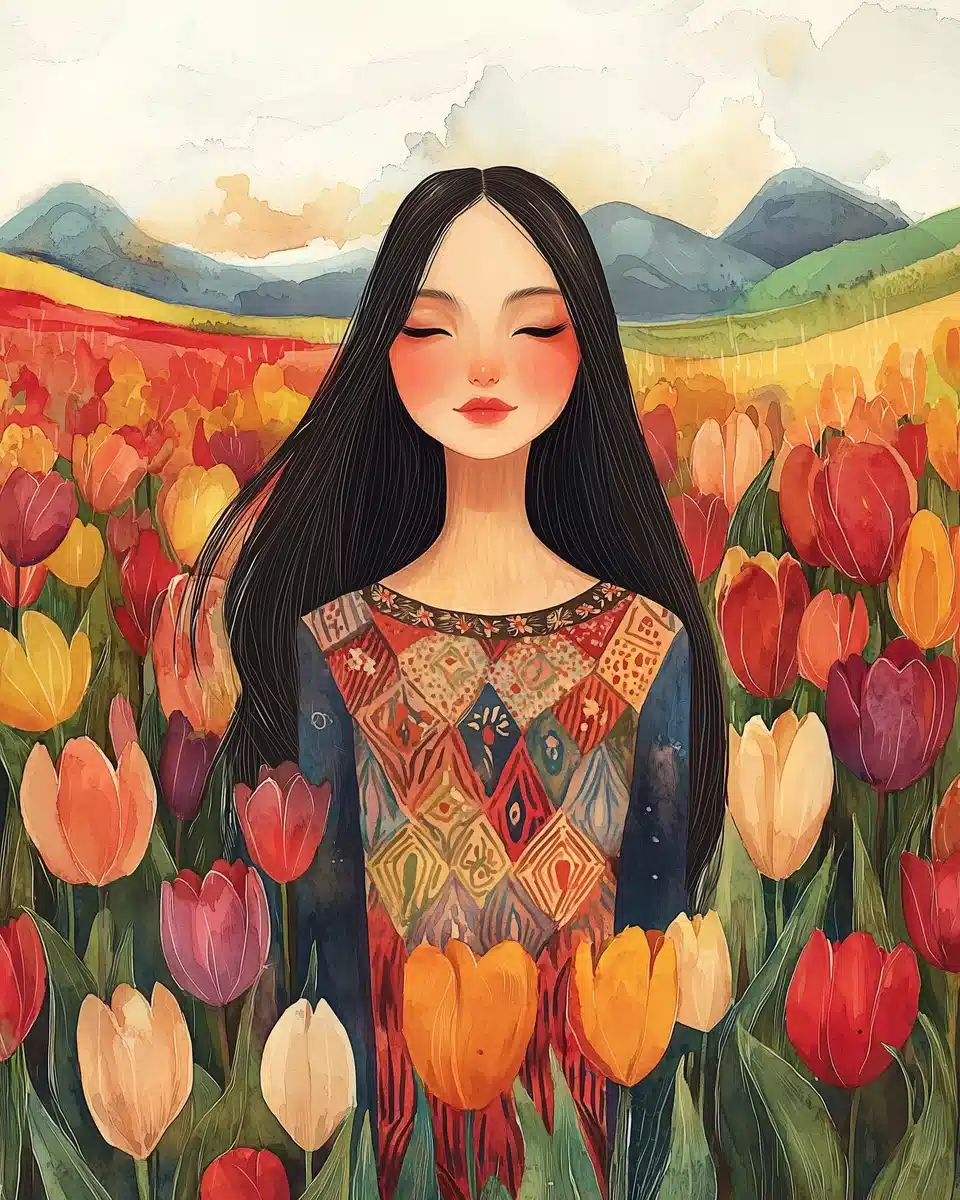 Cartoon Watercolor Kazakh Woman Midjourney提示词