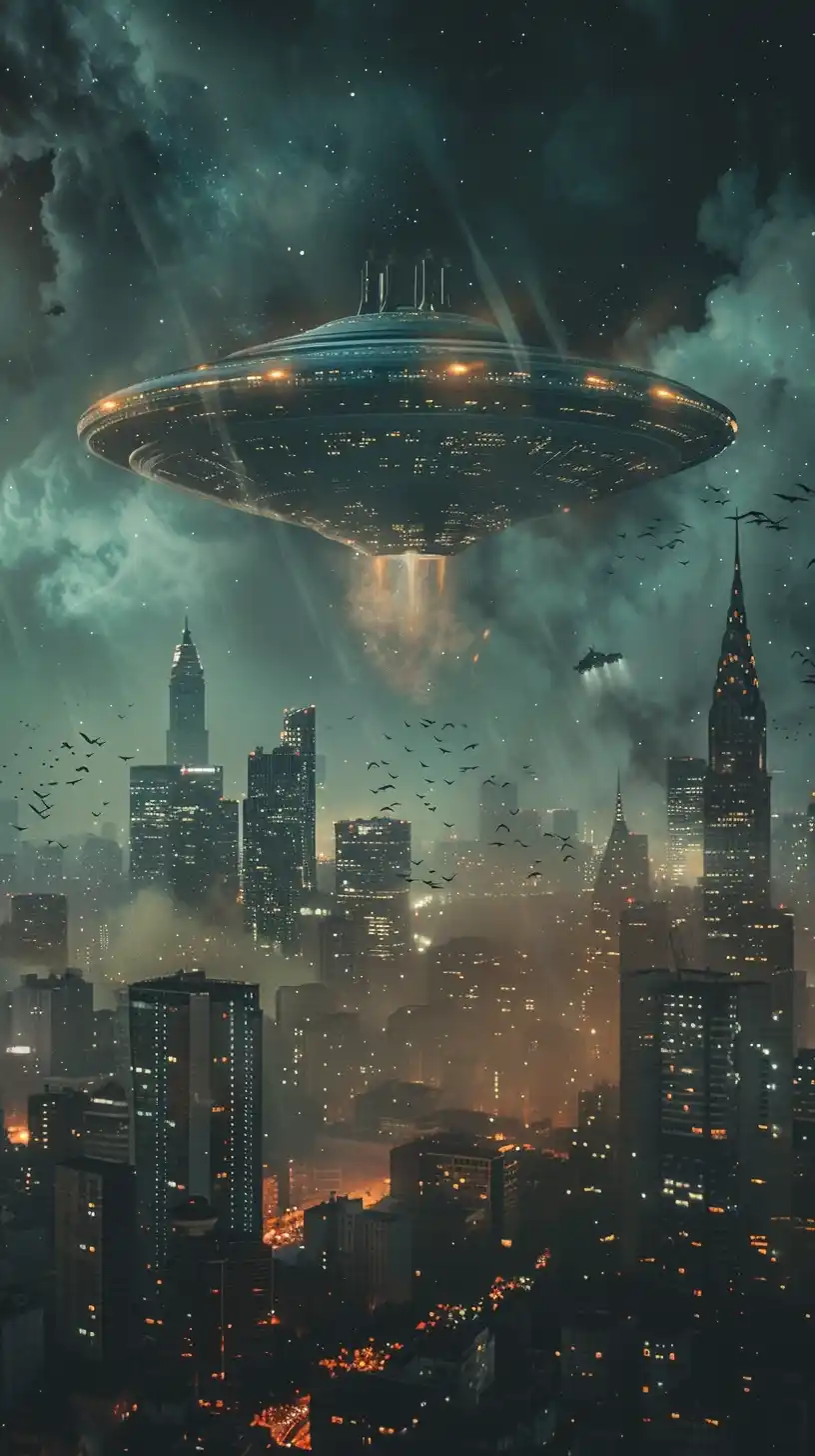 UFO Invasion Cityscape – AR 916 Midjourney提示词