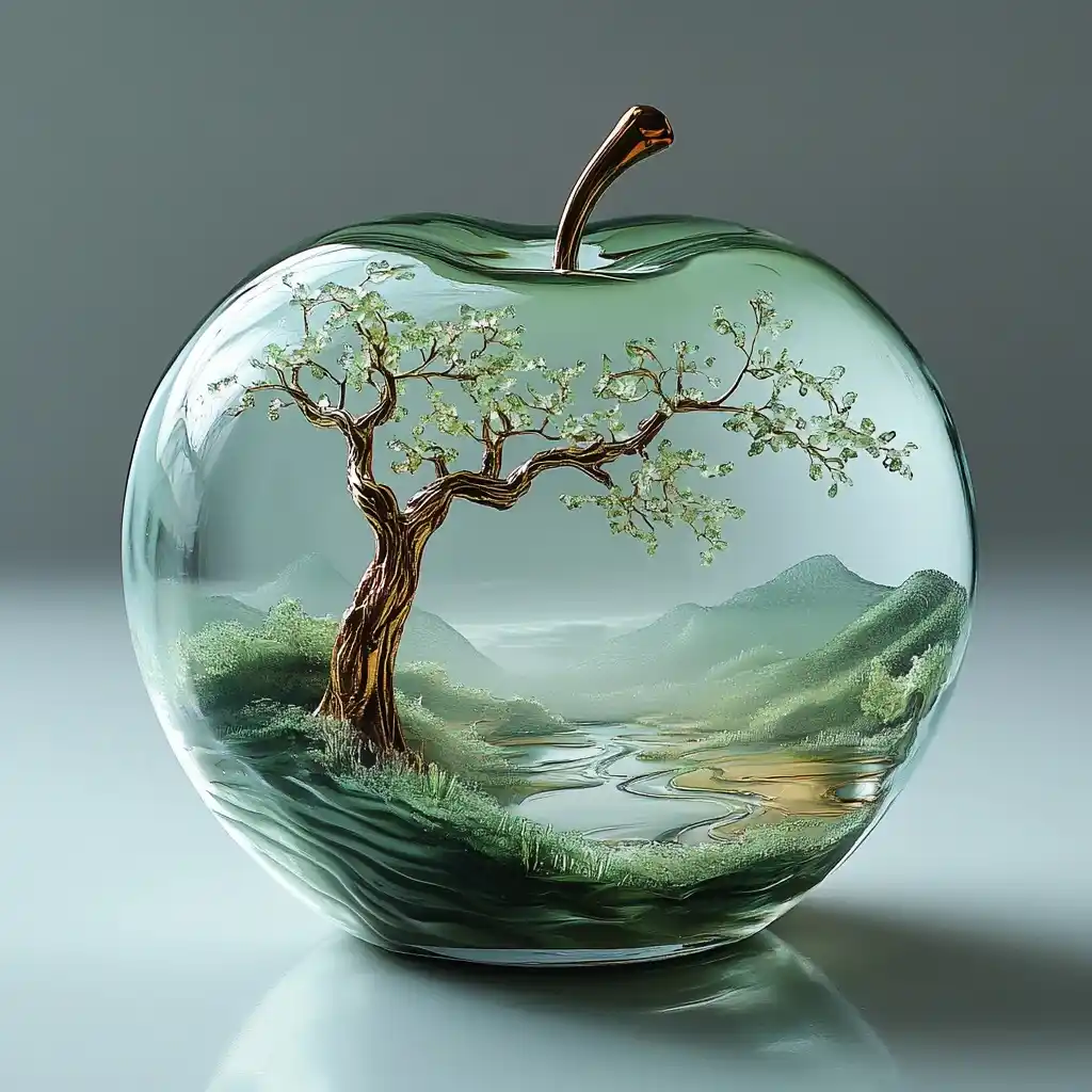 Spring Glass Apple Sculpture Midjourney提示词