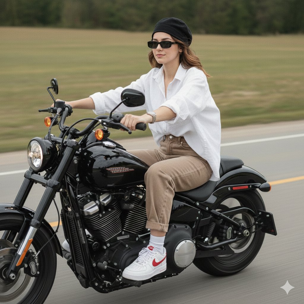Confident Woman on Harley-Davidson Motorcycle Fashion Nano Banana提示词