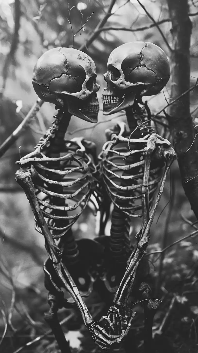 Monochrome Skeleton Embrace Midjourney提示词