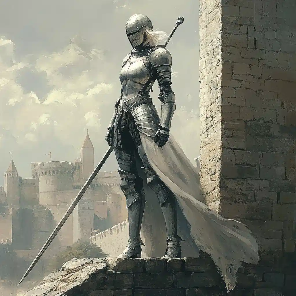 White Armored Knight Over Castle Midjourney提示词