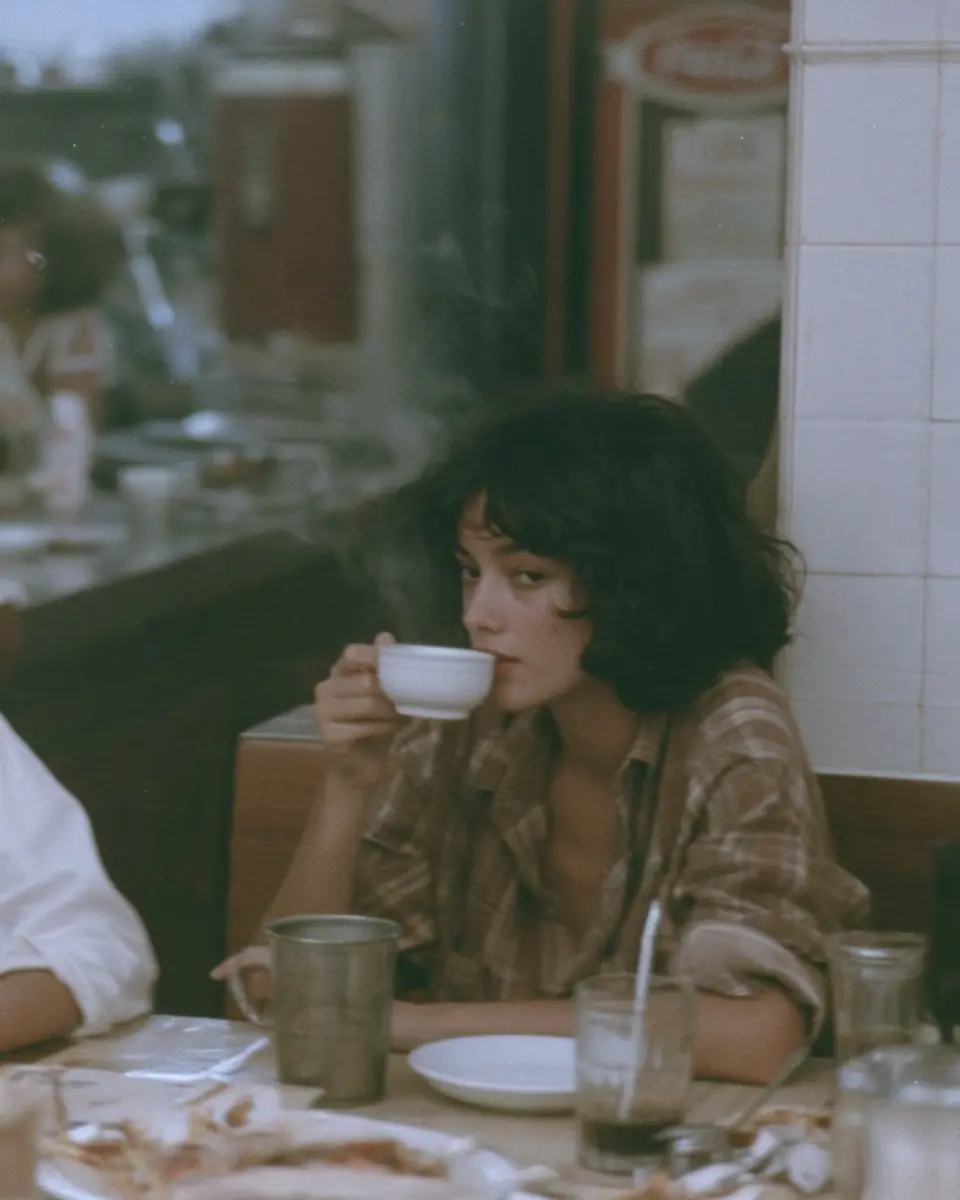 Vintage HongKong Woman Cafe Midjourney提示词