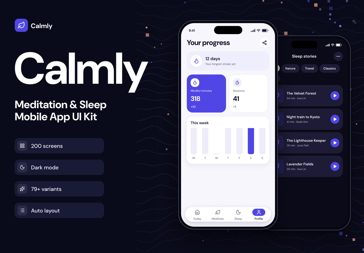 冥想与睡眠App UI套件（Figma），Calmly – Meditation & Sleep Mobile UI Kit