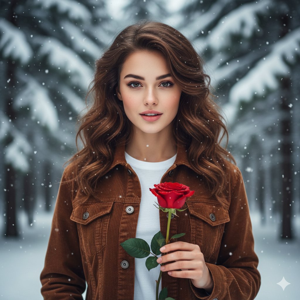 Serene Winter Portrait: Woman with Red Rose in Snowy Forest Nano Banana提示词