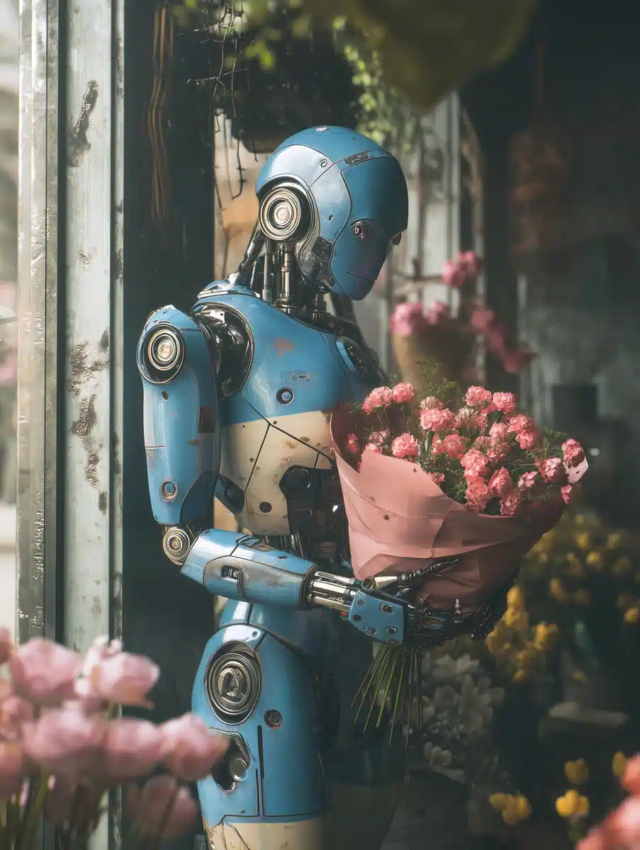 Cinematic Robot in Flower Shop Midjourney提示词
