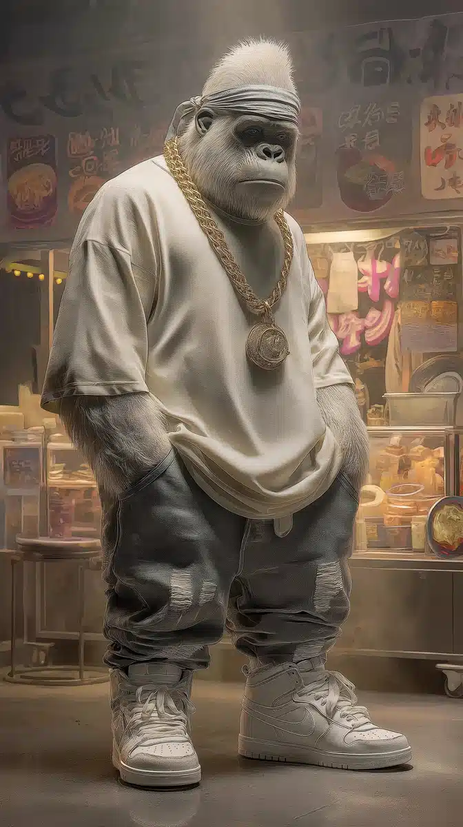 Hyper-Realistic Gorilla in Ramen Midjourney提示词