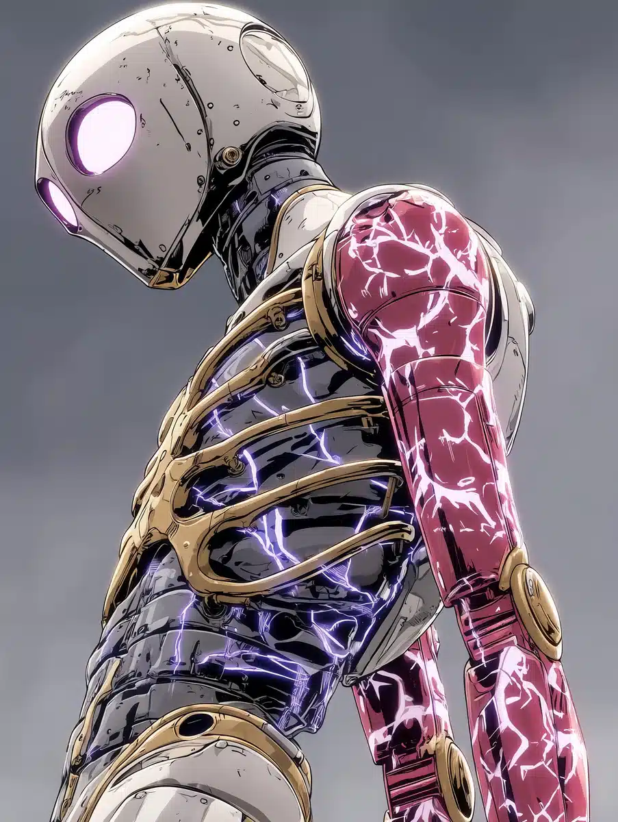 Cyberpunk Humanoid with Glitch Effects Midjourney提示词