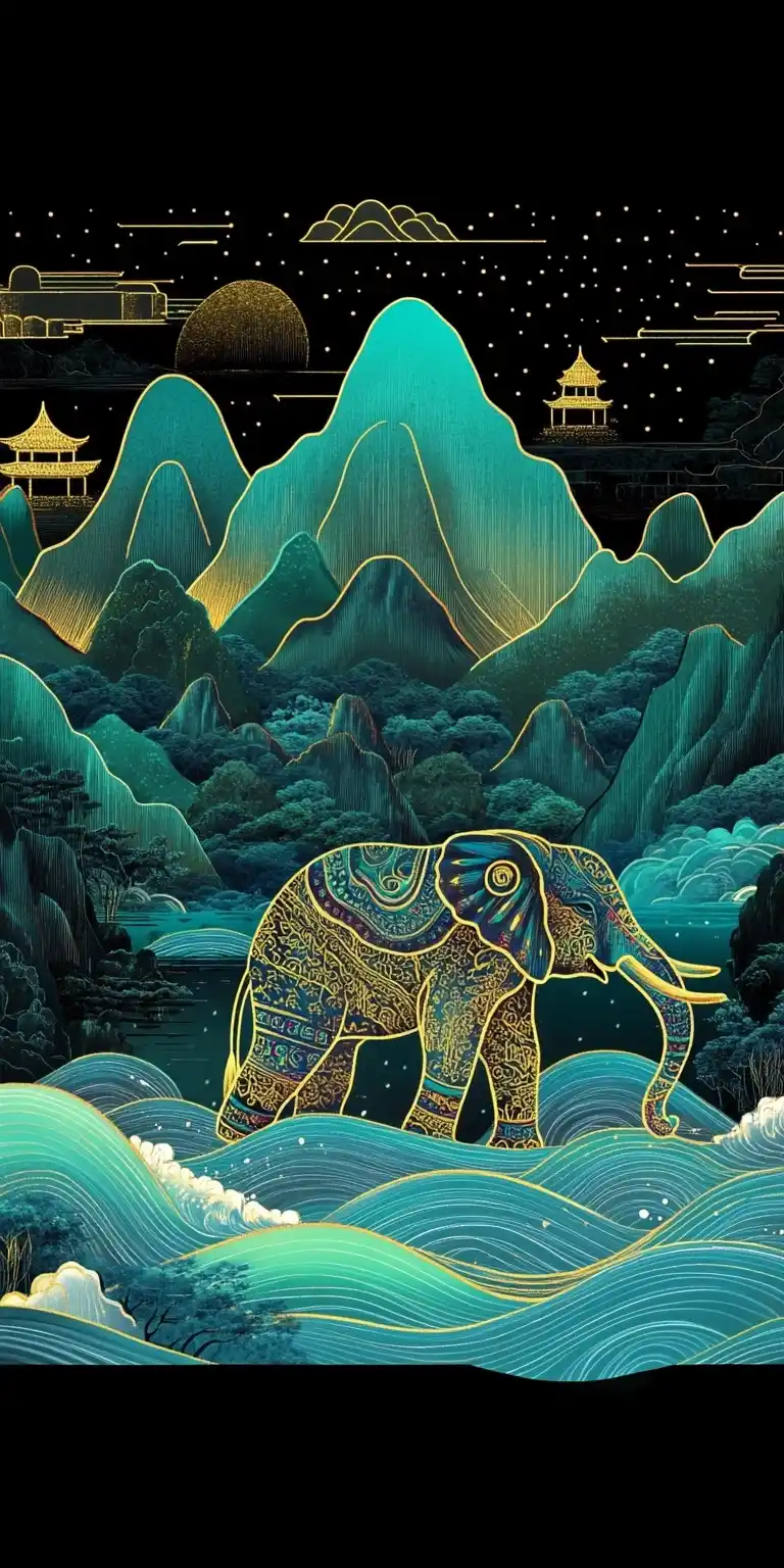 Vibrant Elephant in Landscape Midjourney提示词