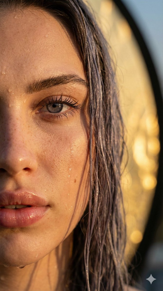 Close-up Photorealistic Portrait Woman Wet Hair Golden Hour Nano Banana提示词