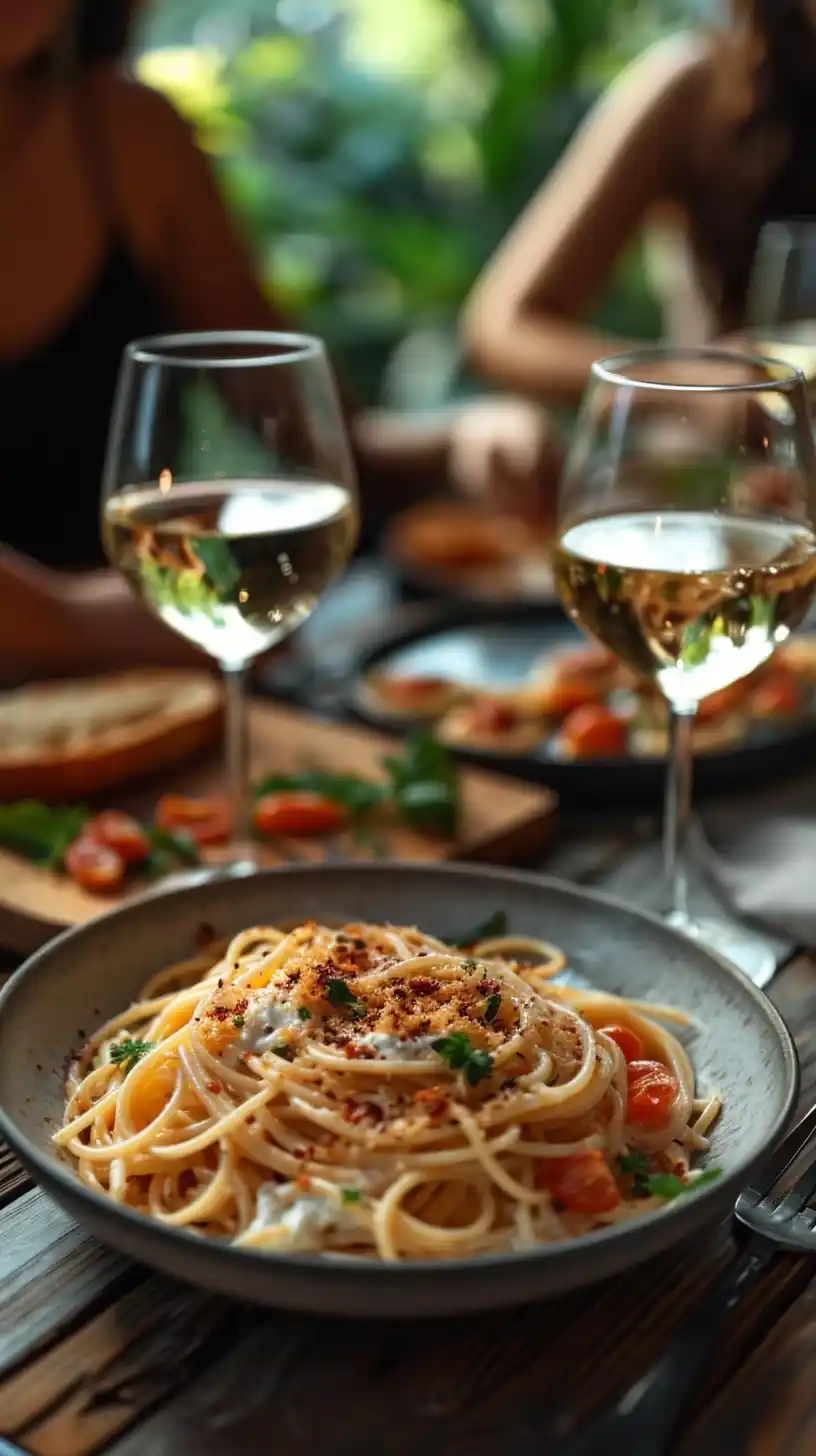 Raw Linguini with Burrata Close-Up Dinner Midjourney提示词
