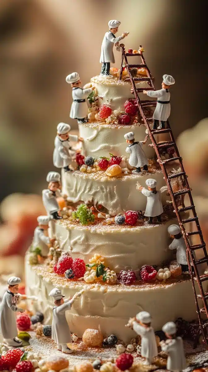 Whimsical Pastry Chefs Decorating Cake Midjourney提示词
