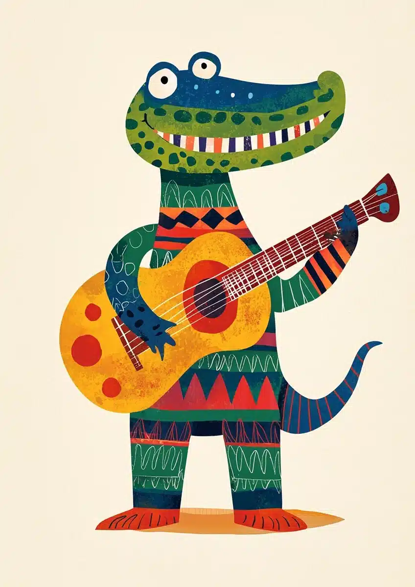 Minimalist Crocodile Guitarist Midjourney提示词