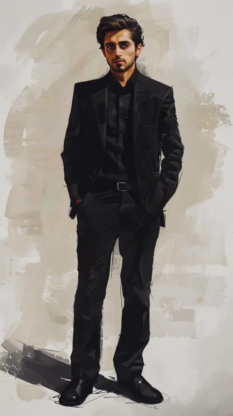 Man in Black Suit – Conte Drawing Midjourney提示词