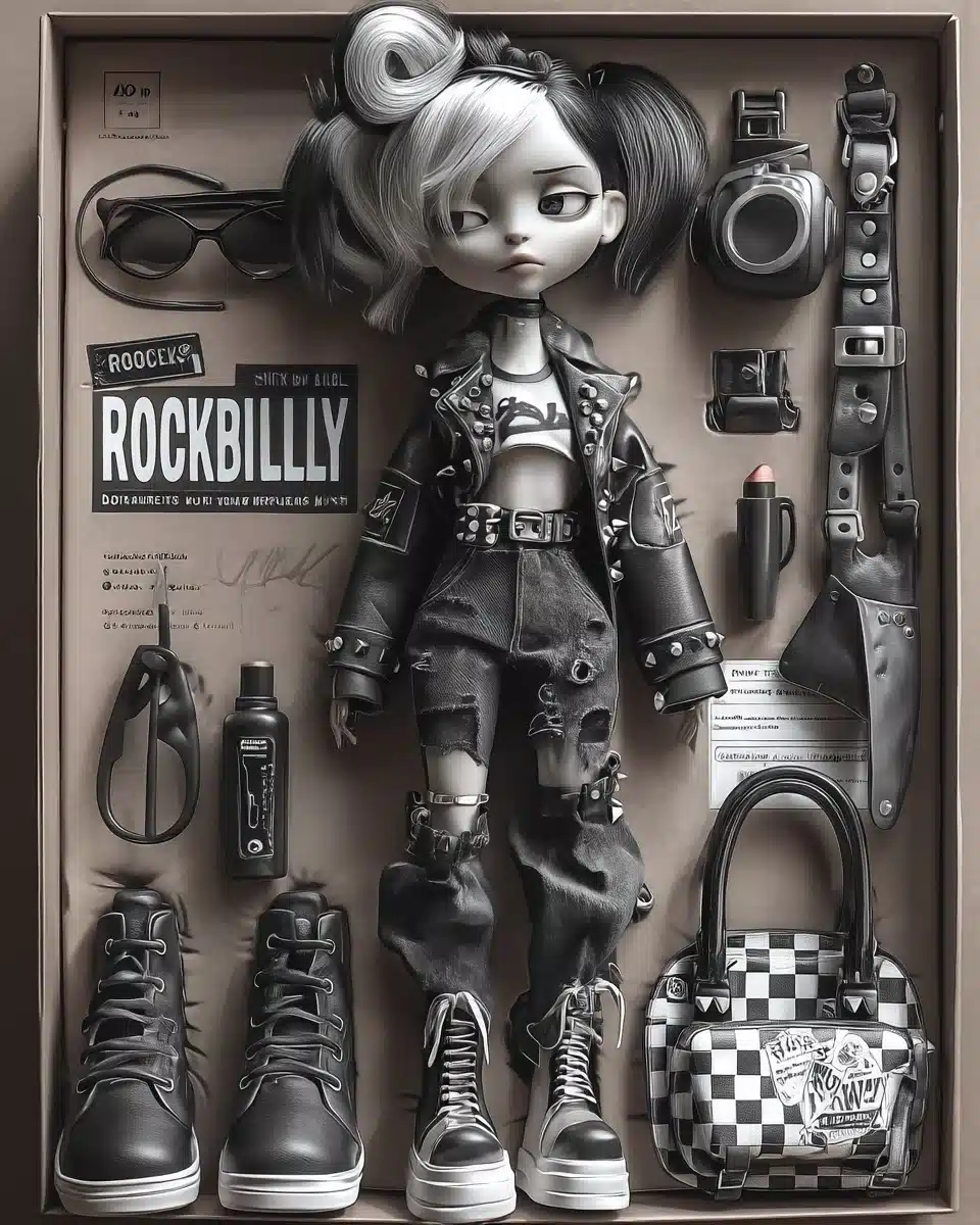 Rockabilly Action Figure Packaging Midjourney提示词