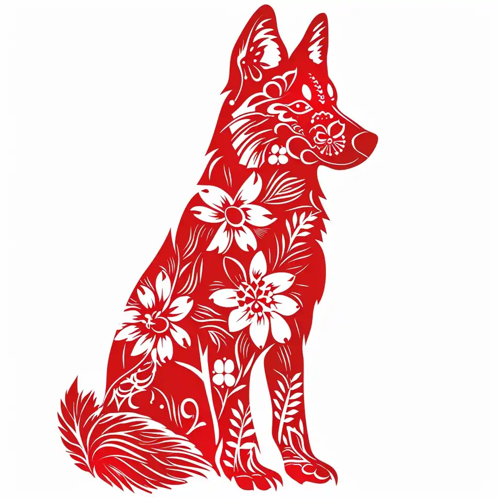 Red Dog Woodcut Silhouette Midjourney提示词