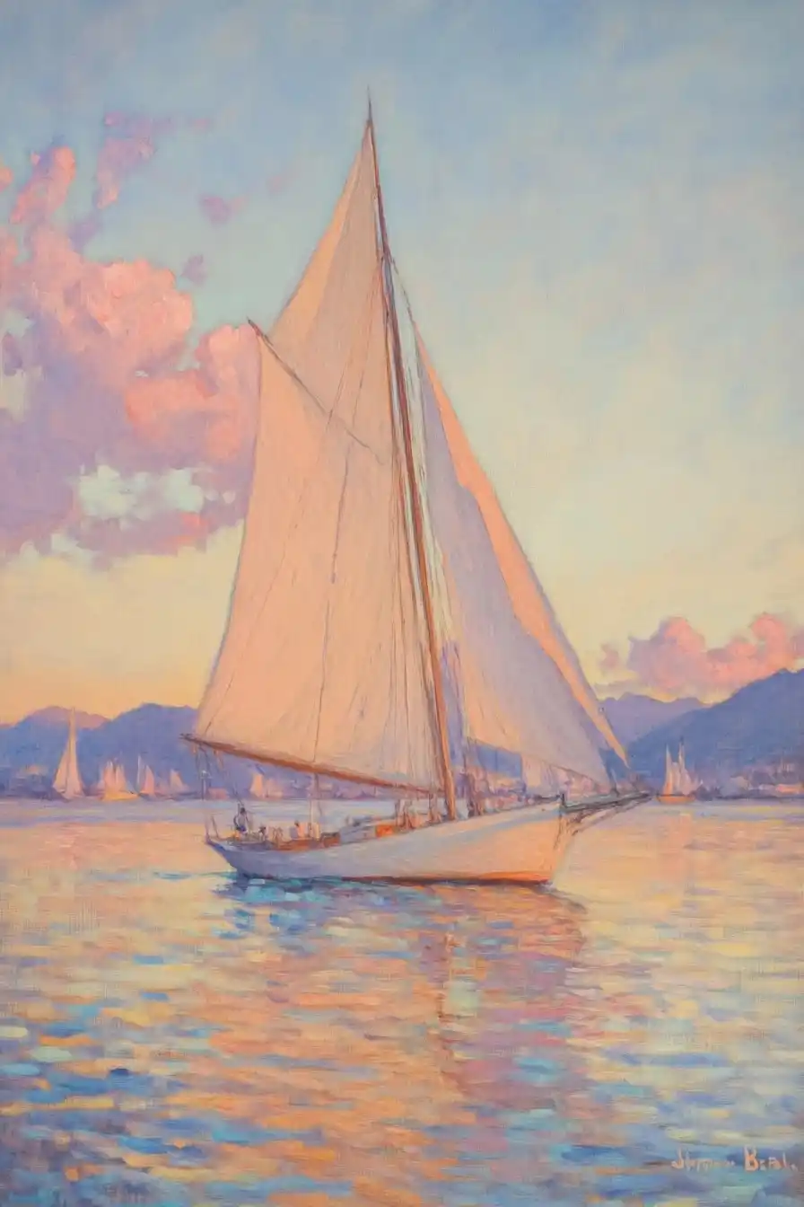 Pastel Sailboat at Sunset Midjourney提示词
