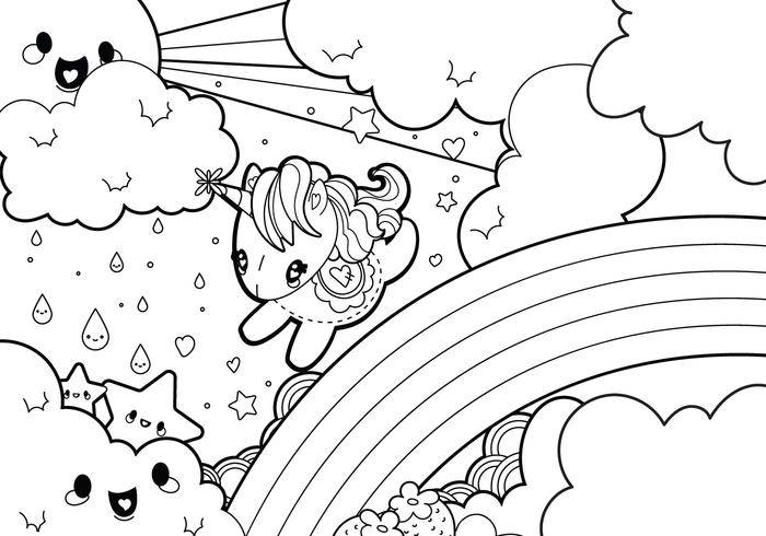 下雨的彩虹独角兽场景着色页