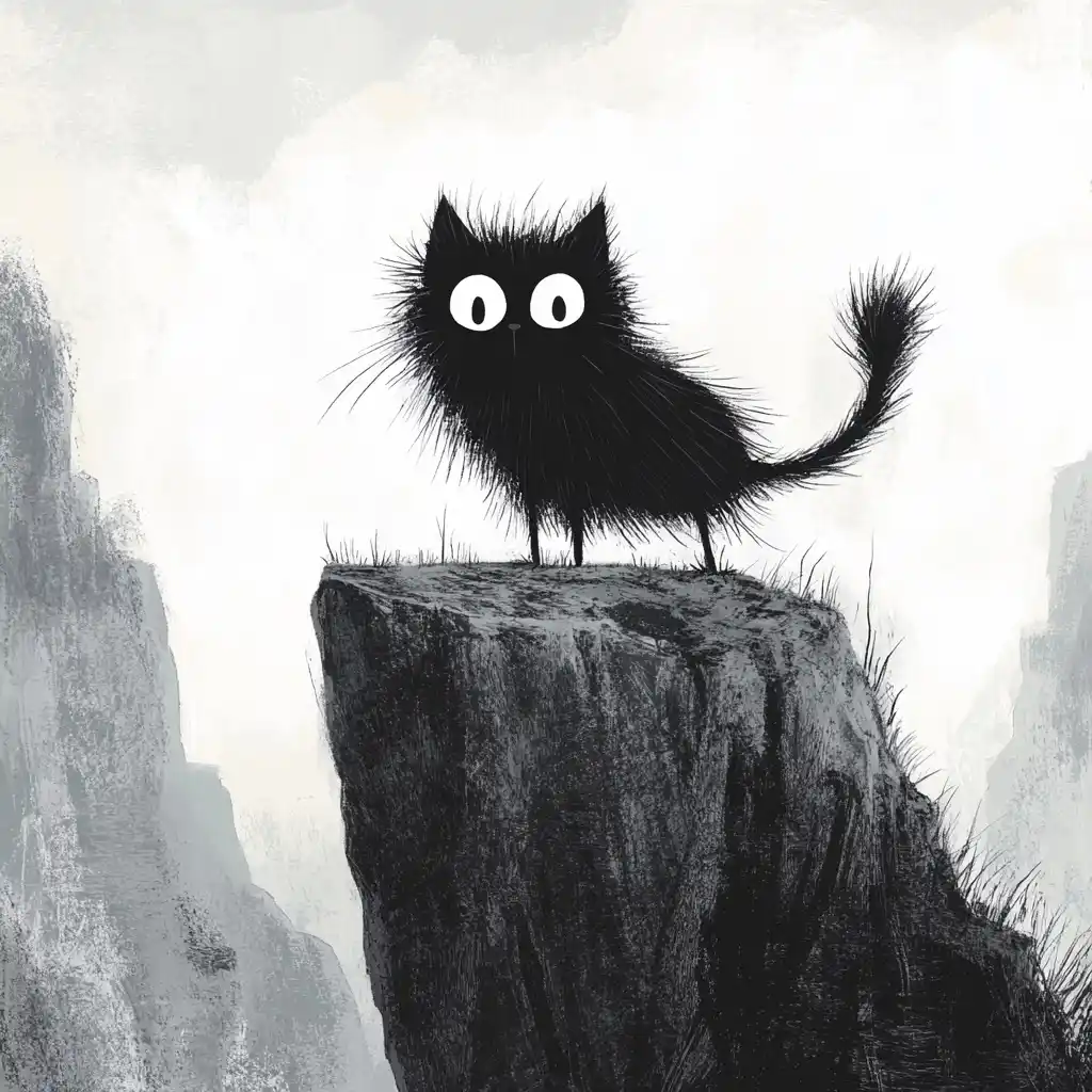 Childrens Illustration Cat on Cliff Midjourney提示词