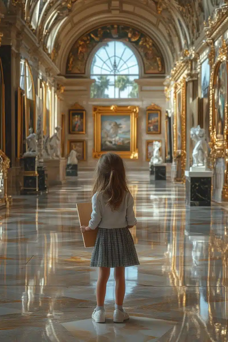 Elegant Gallery with Child Midjourney提示词
