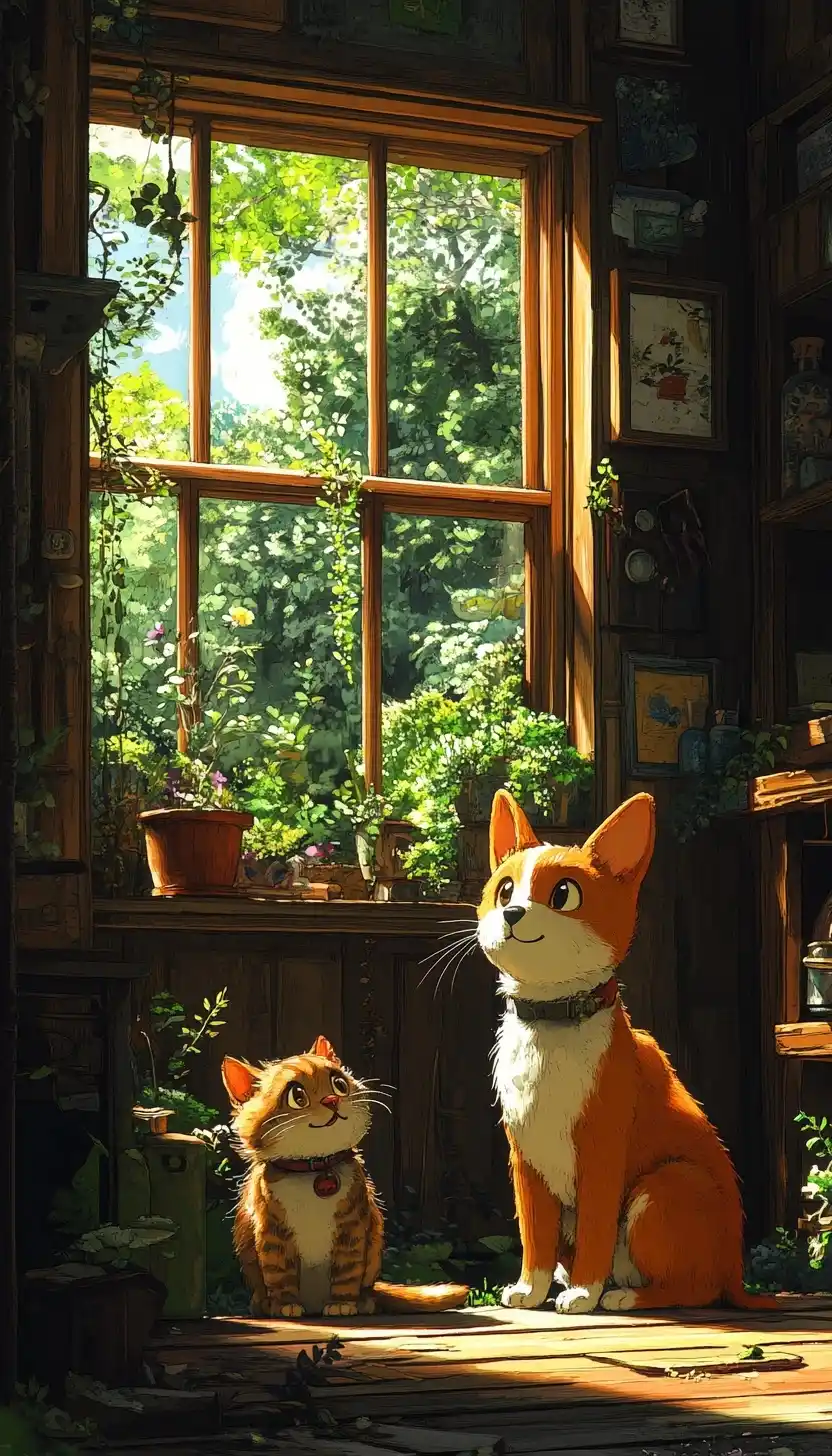 Ghibli Dog and Cat Play Midjourney提示词