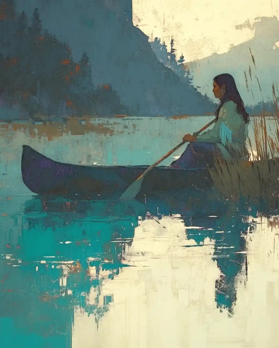 Native Princess Canoe Dawn Midjourney提示词