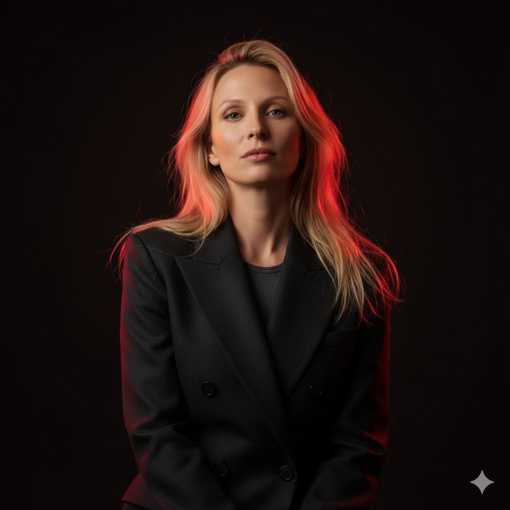 Photorealistic Portrait: Blonde Woman, Black Blazer, Red Light Nano Banana提示词