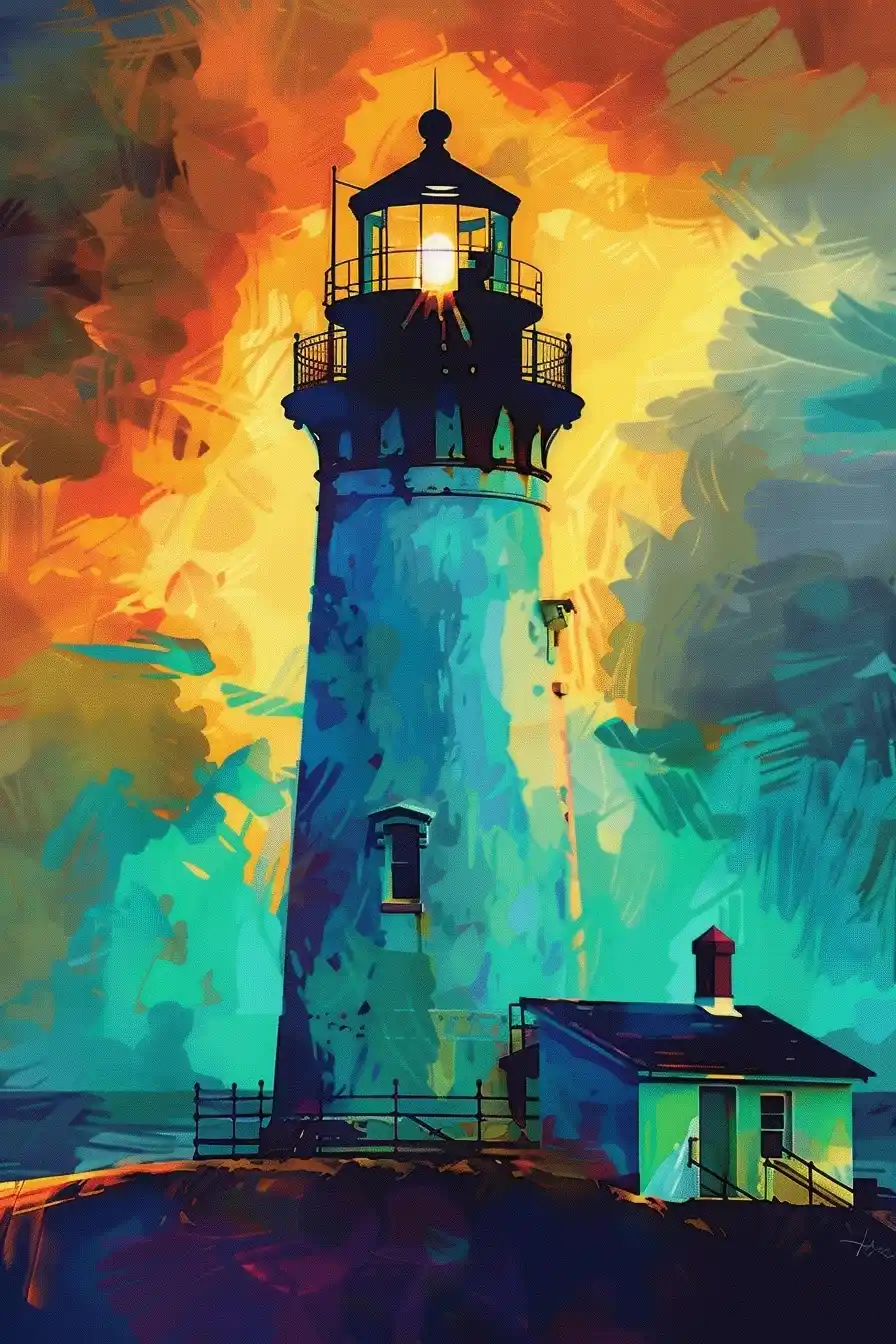 Impressionistic Sunset Lighthouse Midjourney提示词
