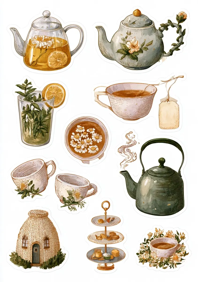 Engraved Tea Time Stickers Midjourney提示词