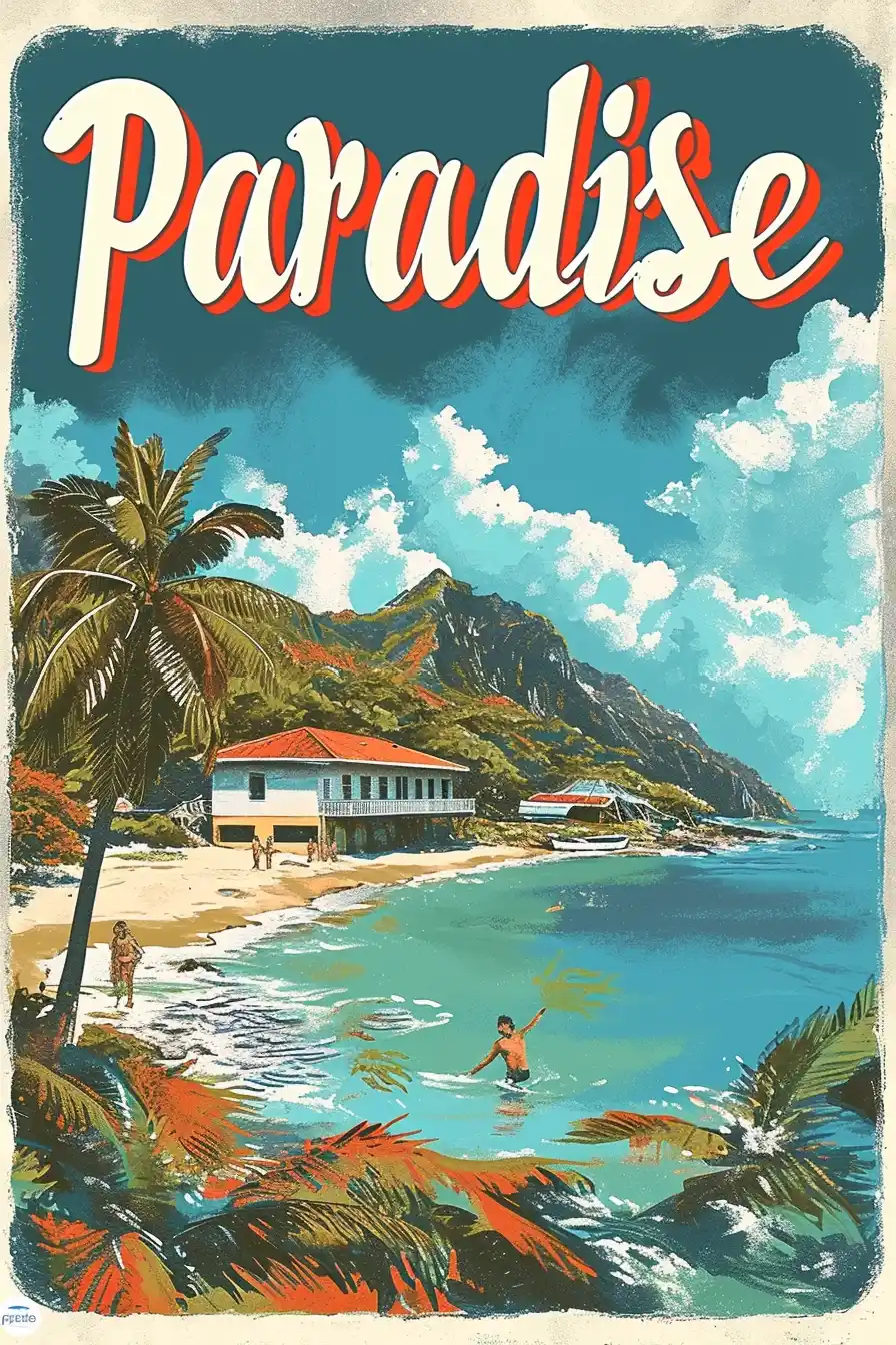 Retro Paradise Beach Midjourney提示词
