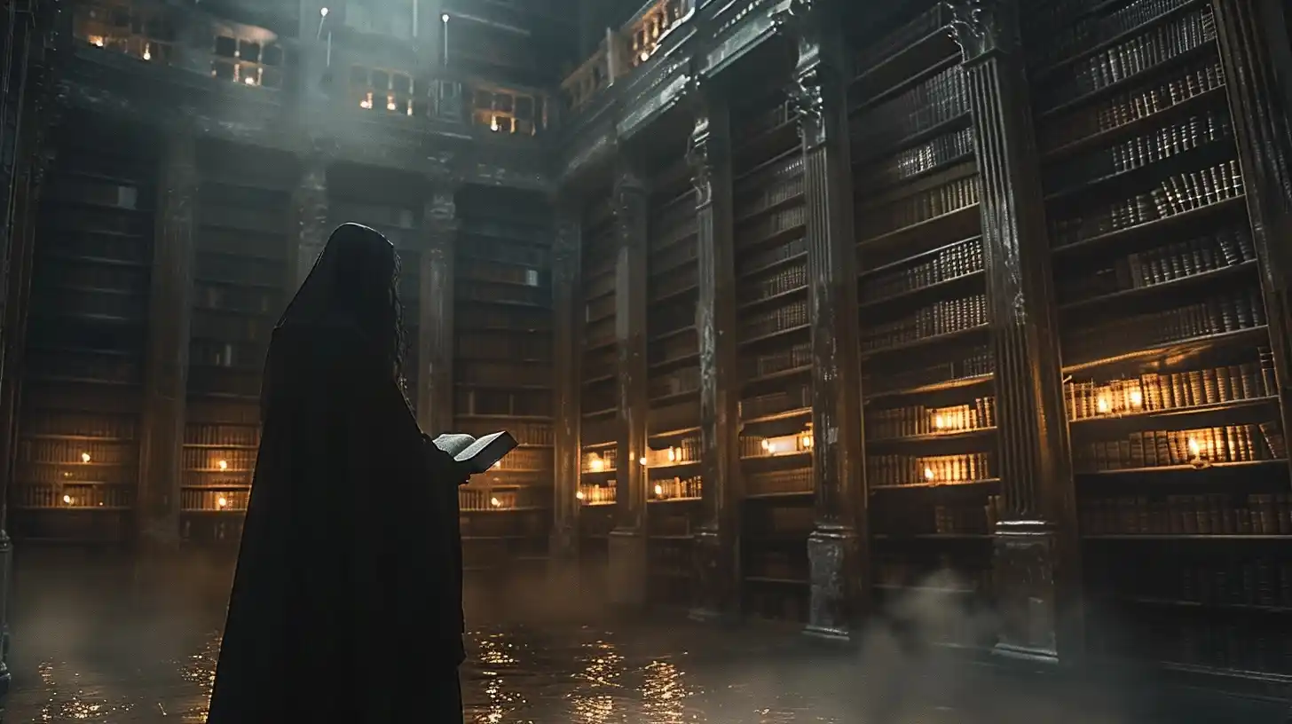 Gothic Library Candlelight Ghost Midjourney提示词