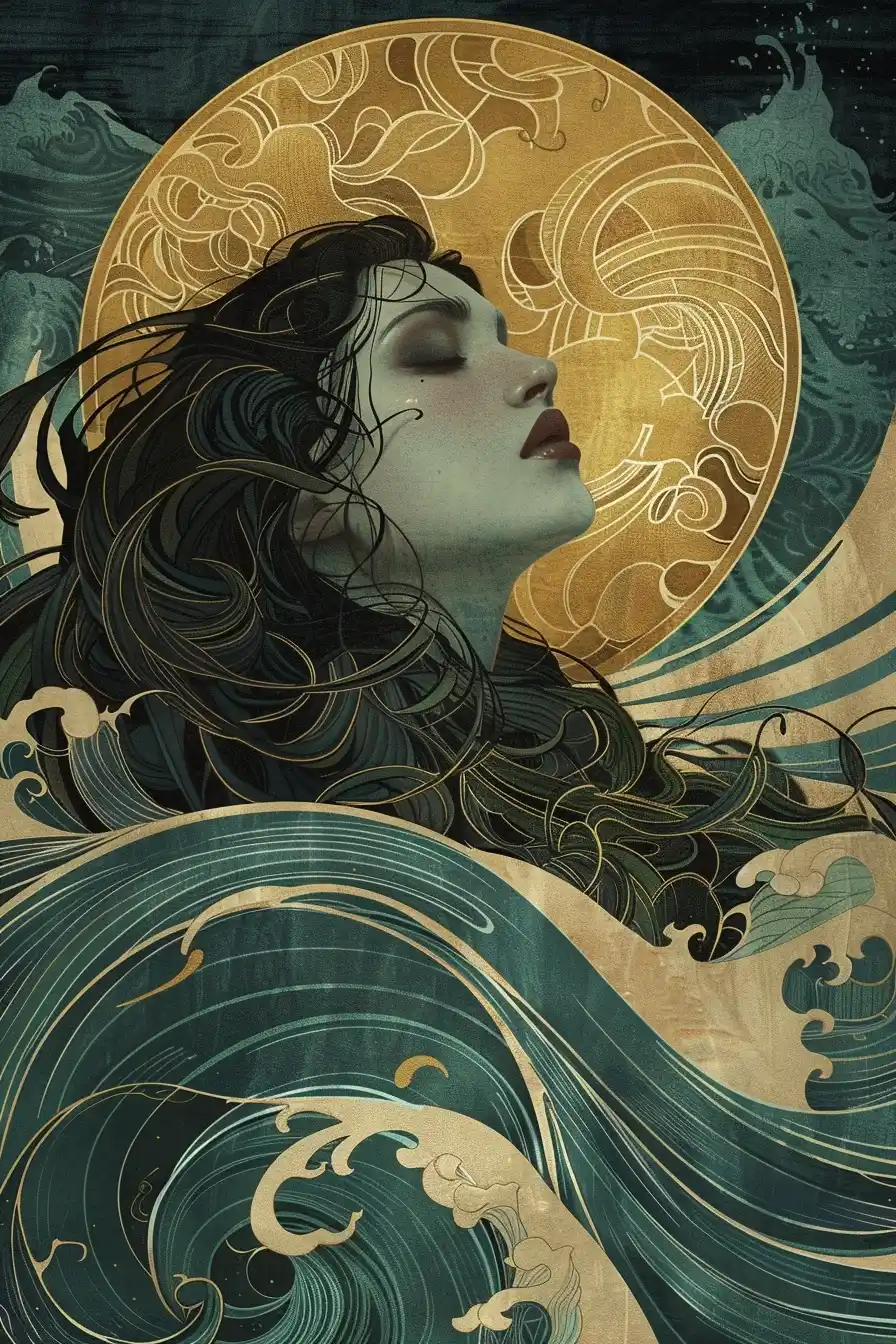Art Nouveau Woman Seascape Midjourney提示词