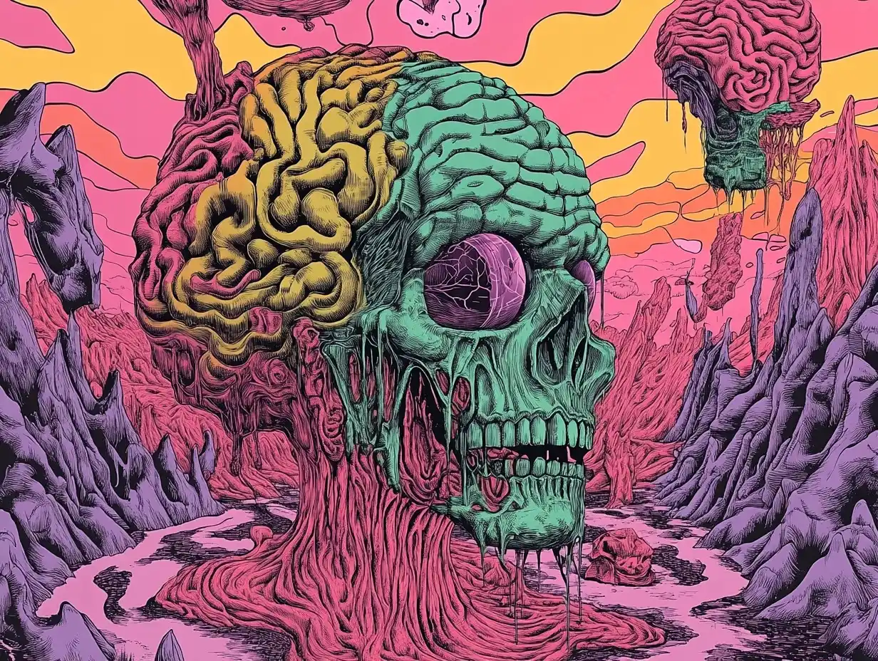 Psychedelic Black and White Brainstorm Midjourney提示词