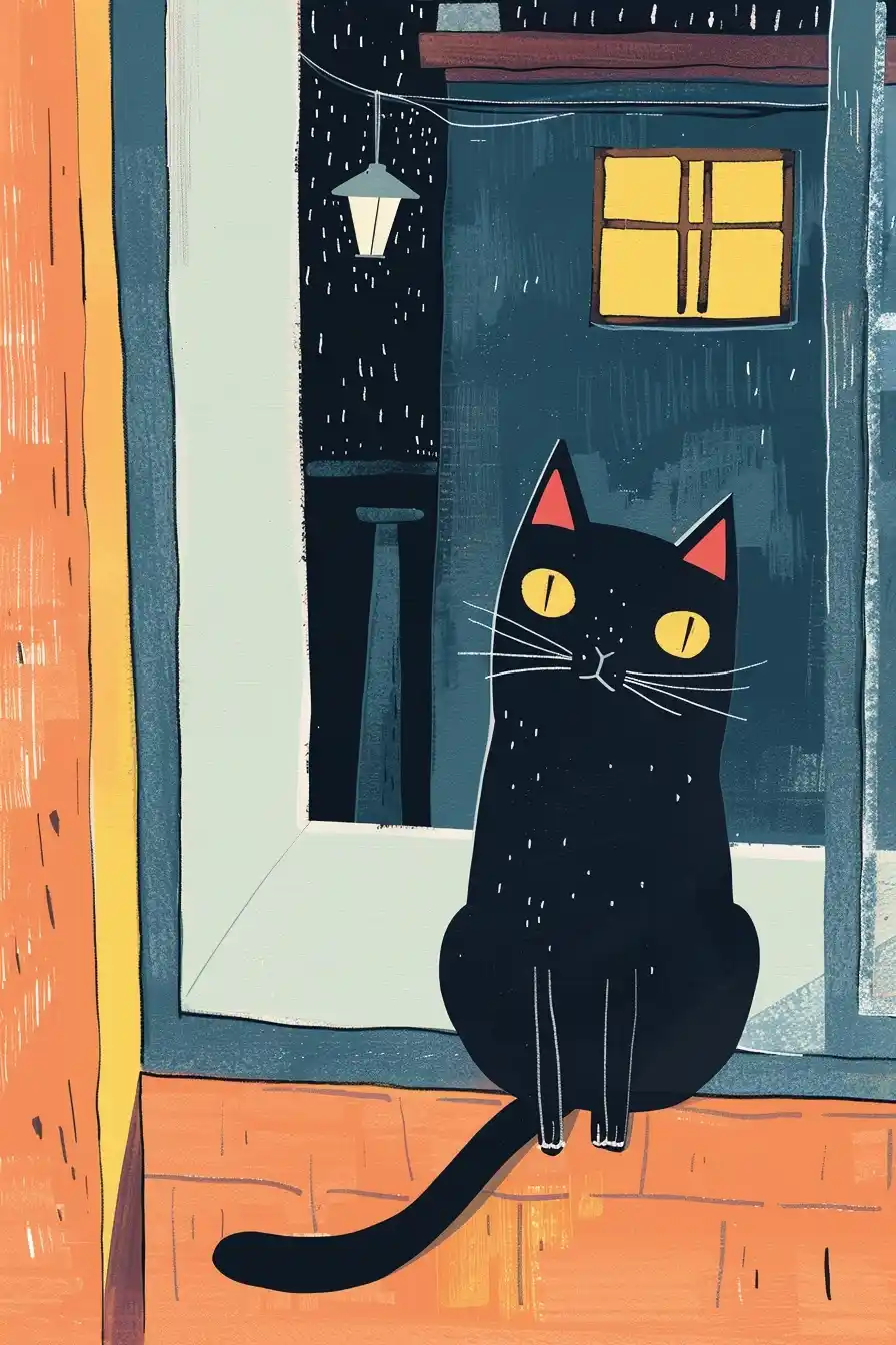 Illustrated Black Cat Portrait Midjourney提示词