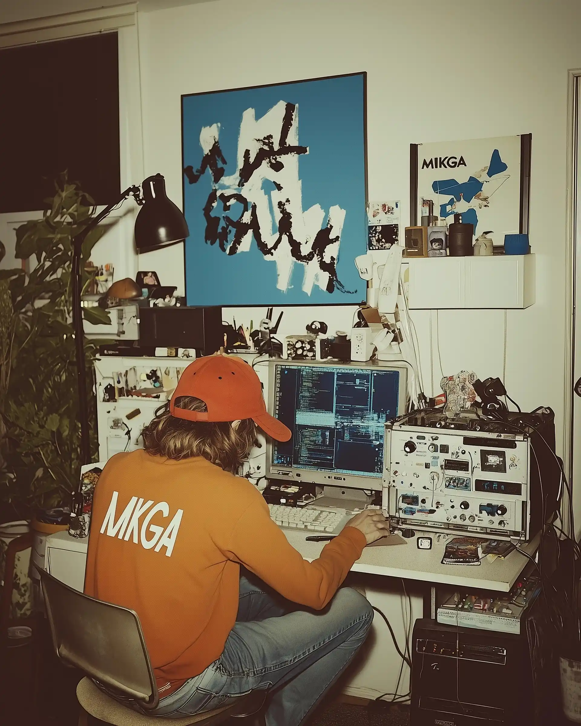 Retro Hacker at Desk Midjourney提示词