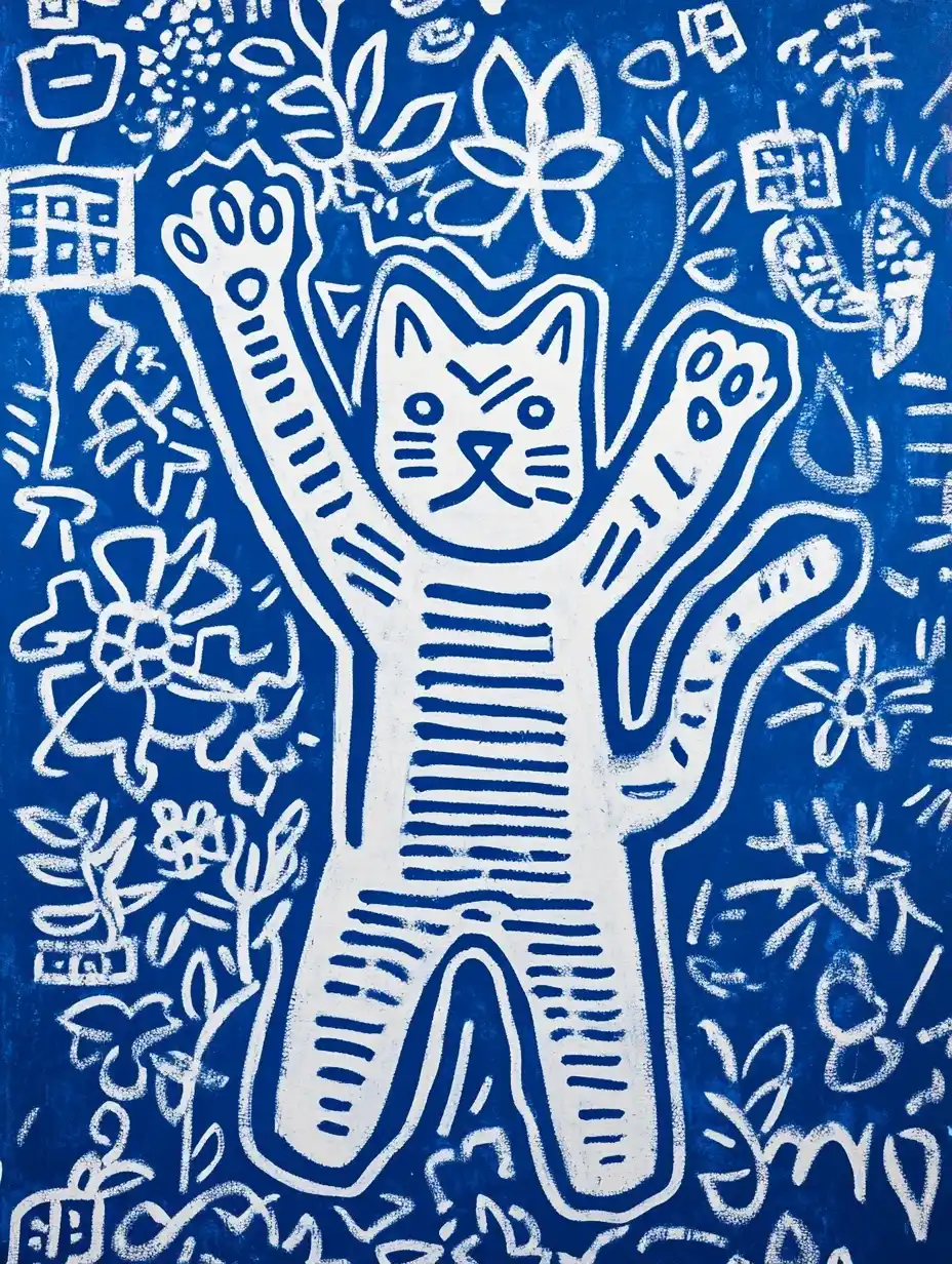 Keith Harings Dancing Cat Mural Midjourney提示词