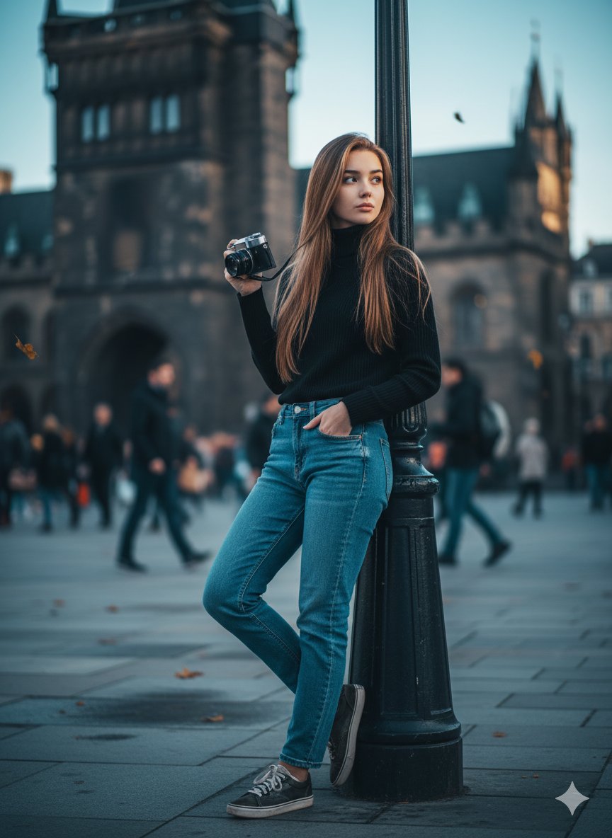 Young Woman Photographer in Urban Cityscape - Autumn Portrait Nano Banana提示词