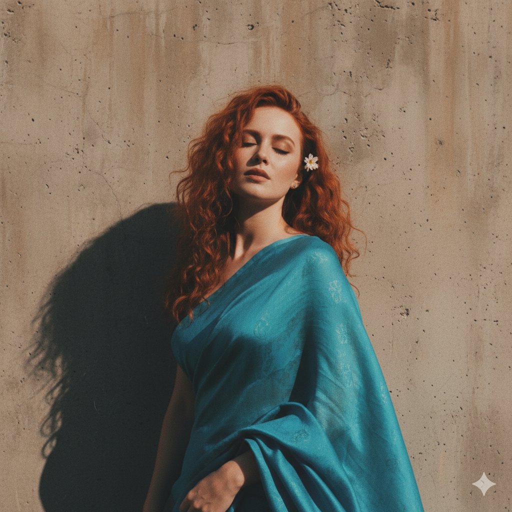 Red Hair Woman Portrait in Blue Sari | Golden Hour Serenity Nano Banana提示词