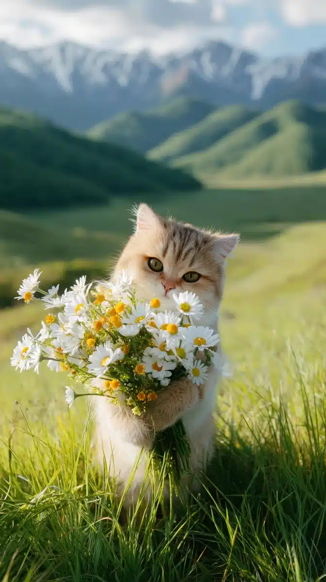 Chubby Cat with Flowers Midjourney提示词