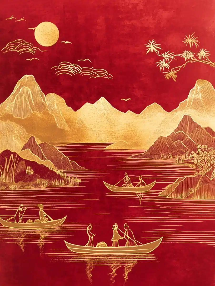 Gold Foil Dragon Boat Landscape Midjourney提示词