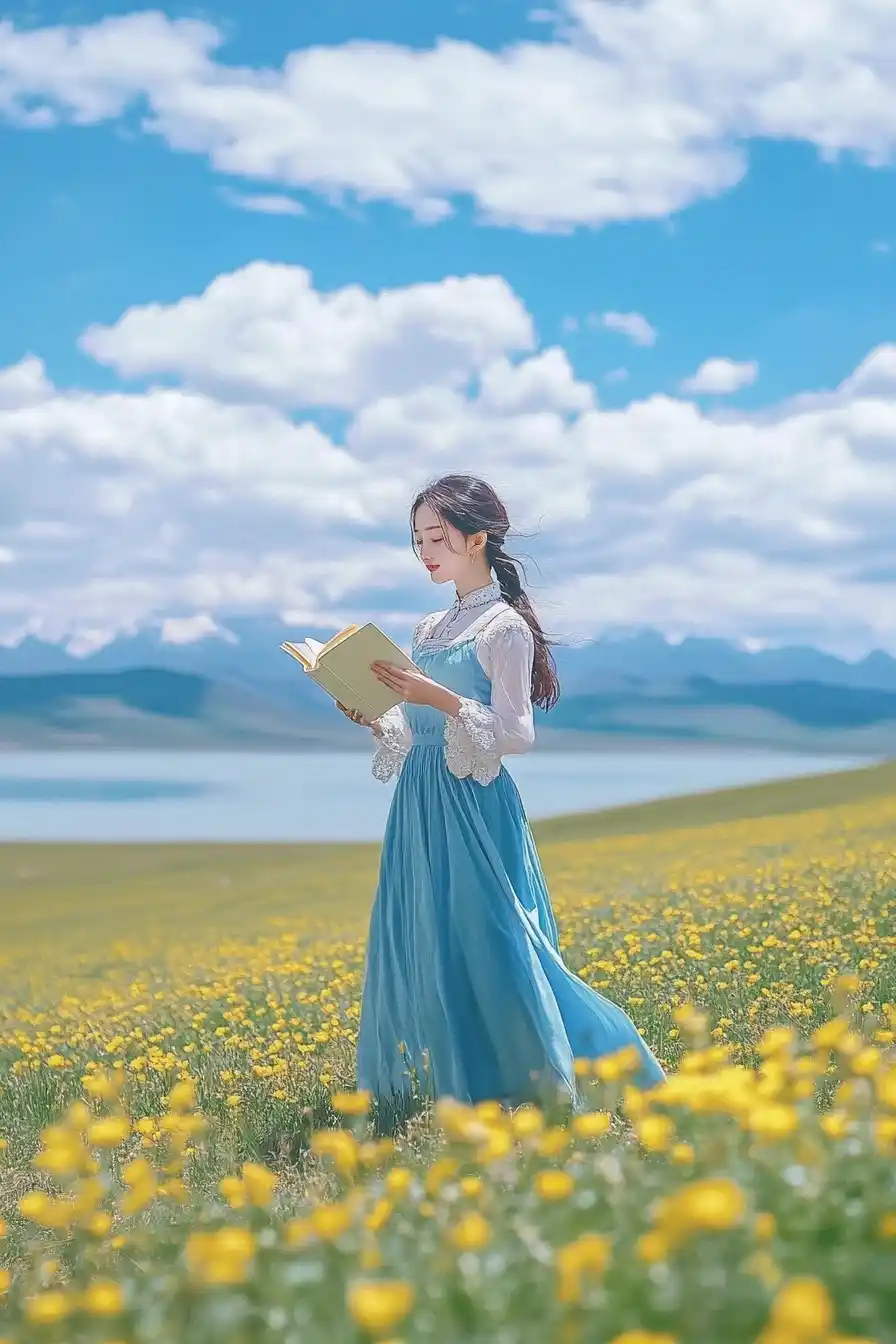 Girl Reading by Lake Midjourney提示词