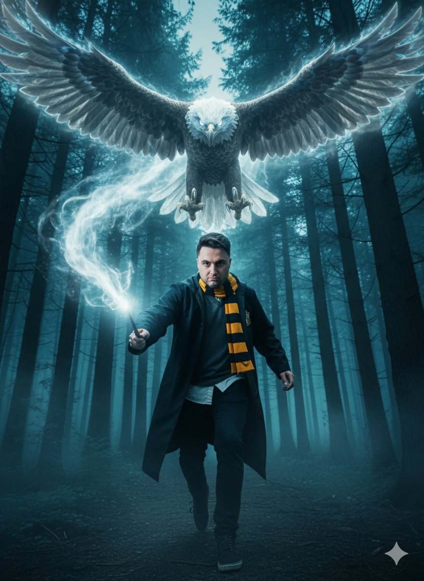 Wizard in Misty Forest with Glowing Eagle Patronus Magic Nano Banana提示词