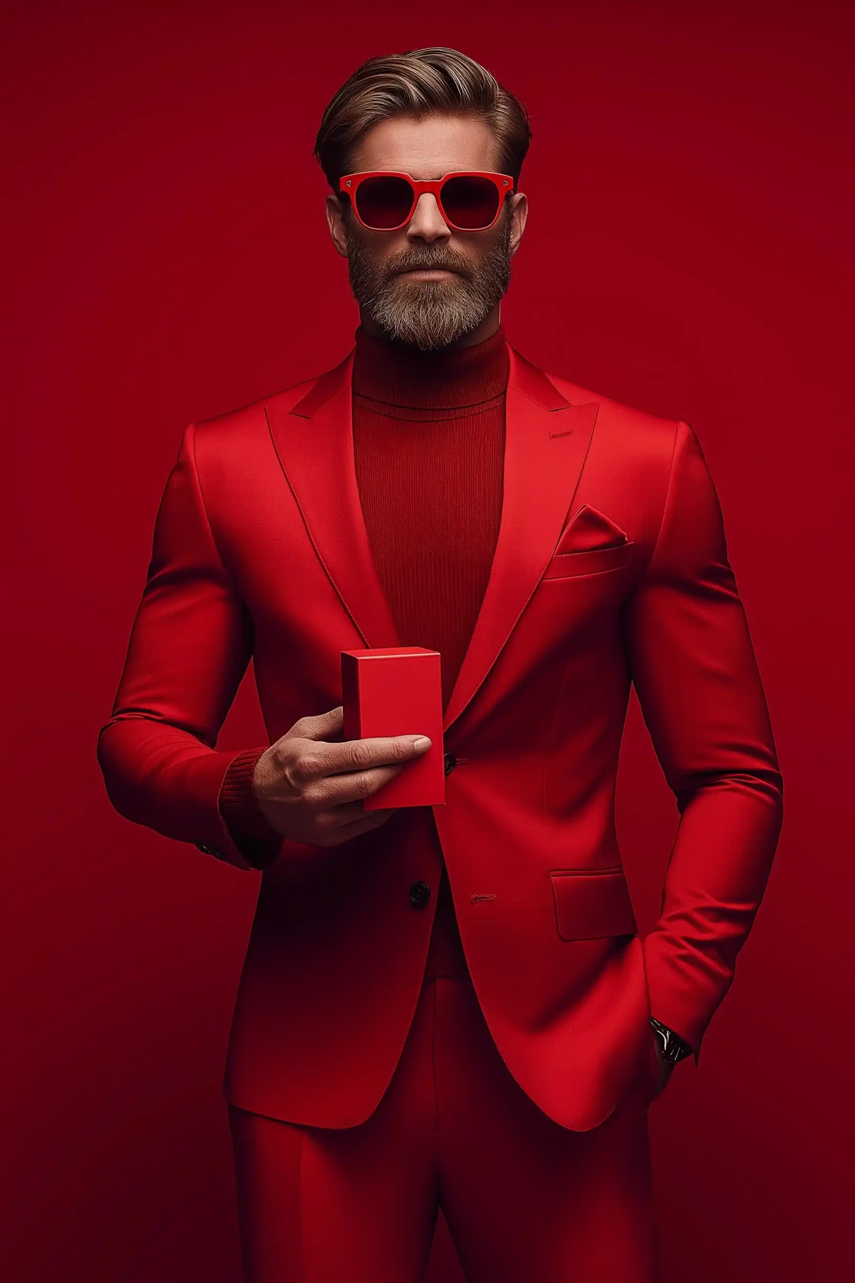 Red-Suited Man with Package Midjourney提示词