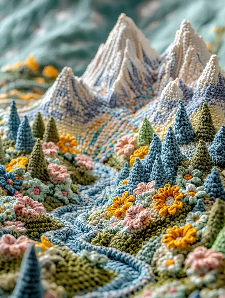 Crochet Landscape with Mountains Midjourney 提示词生成效果