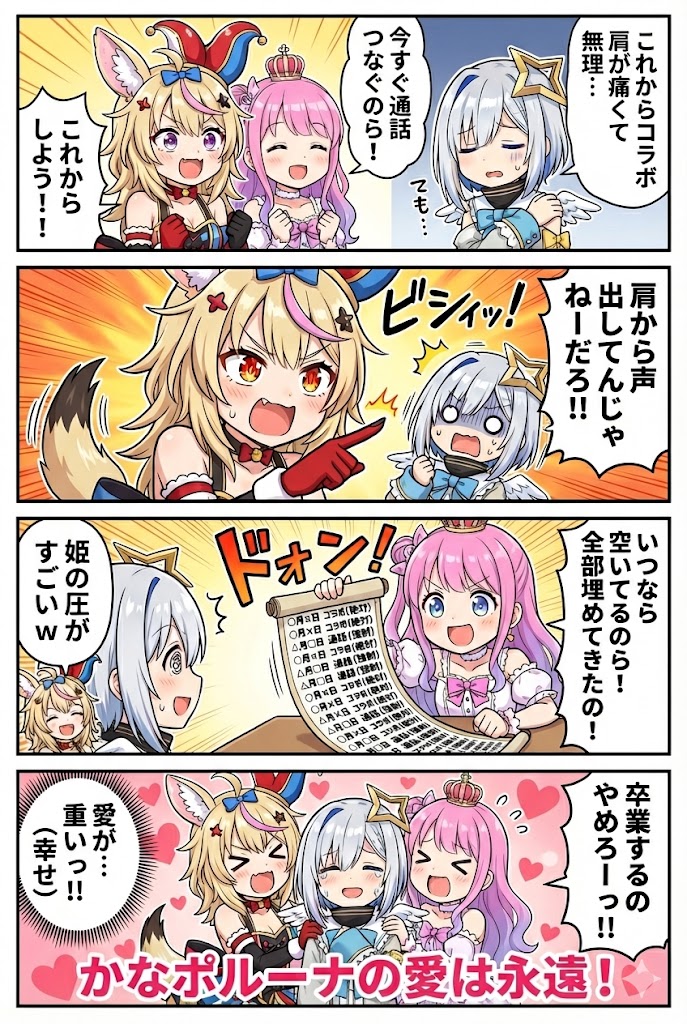 Cheerful Anime VTuber Comic Strip: Polka, Luna, Kanata Nano Banana提示词